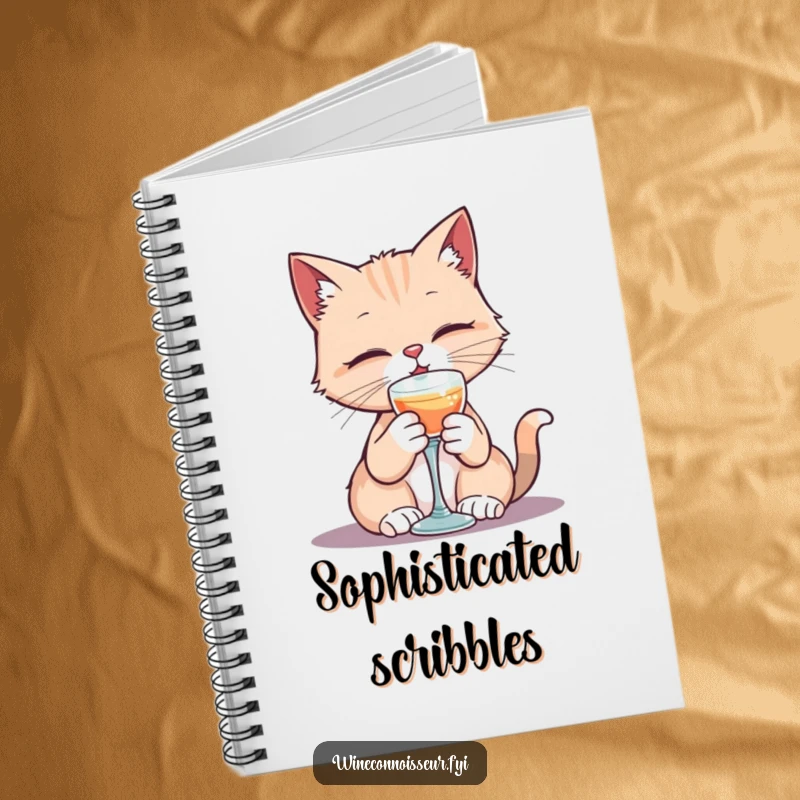 Funny notebook with a kawaii cat character elegantly sipping from a tiny goblet, perfect for refined and humorous journaling.