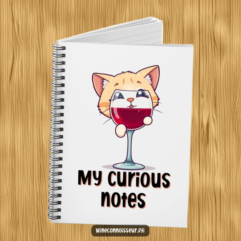 Funny notebook featuring a playful cat character peering with intrigue into a wine glass, perfect for curious note-taking.