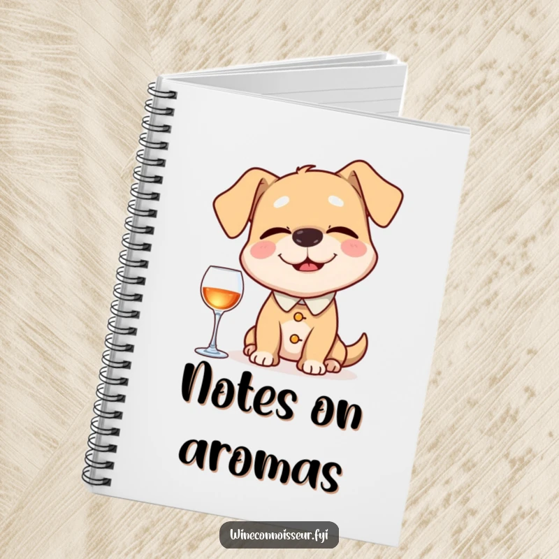 Funny notebook with a happy dog sommelier sniffing an invisible aroma, eyes closed, perfect for jotting down notes and brilliant ideas with humorous flair.