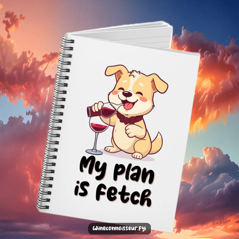 Funny notebook cover with a cheerful dog pouring wine from a decanter with a flourish, perfect for whimsical note-taking.