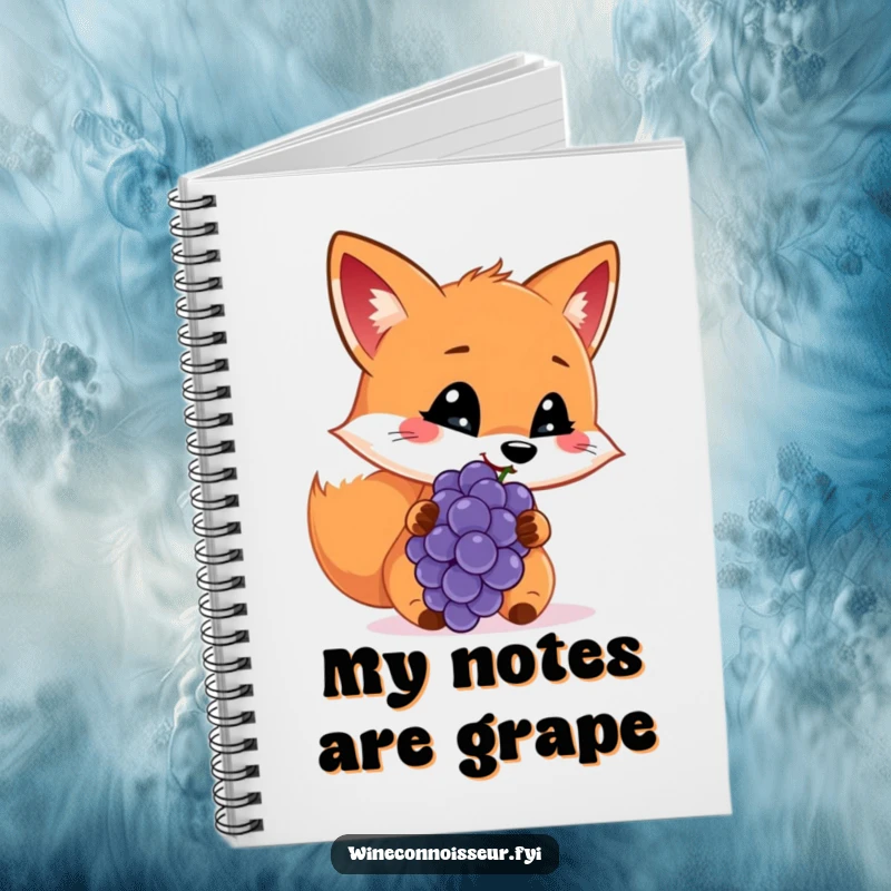 Funny notebook featuring a cheerful fox sniffing a grape with a discerning look, perfect for jotting down ideas.