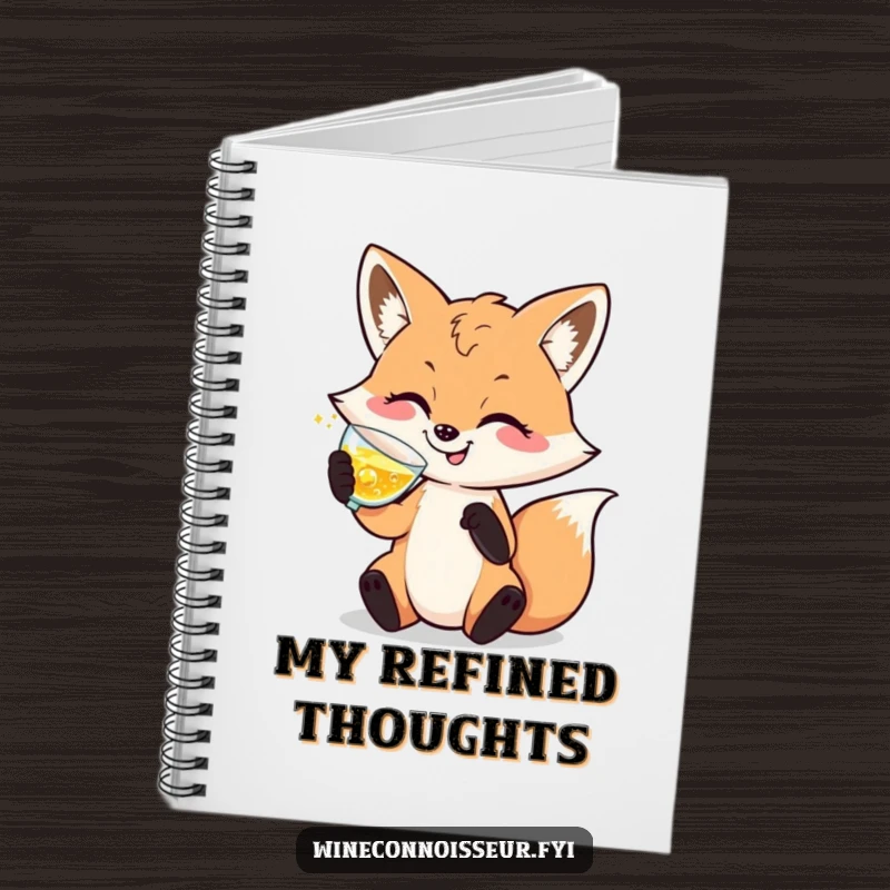 Funny notebook with a sophisticated fox character swirling a drink on the cover, perfect for journaling elegant ideas.
