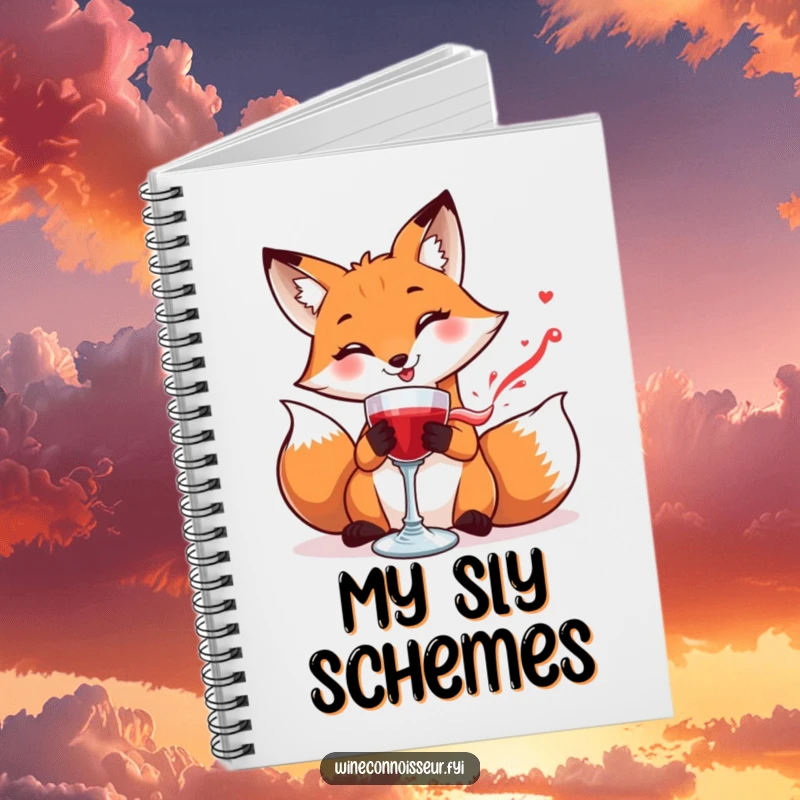 Funny notebook cover with a smiling fox carefully swirling a goblet of red liquid, perfect for stylish note-taking.