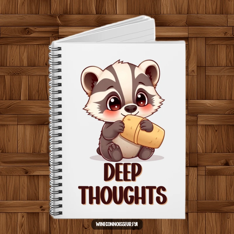 Funny notebook with a curious Kawaii badger examining a cork, adorable animal theme, perfect for journaling and creative notes.