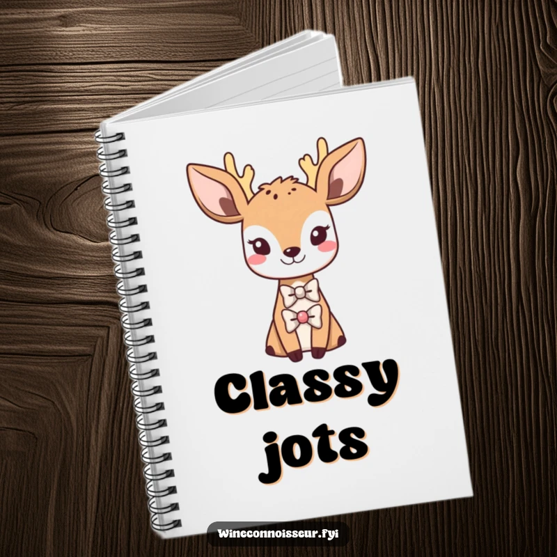Funny notebook with a sophisticated Kawaii deer wearing a tiny bowtie, elegant animal theme, perfect for journaling and note-taking.