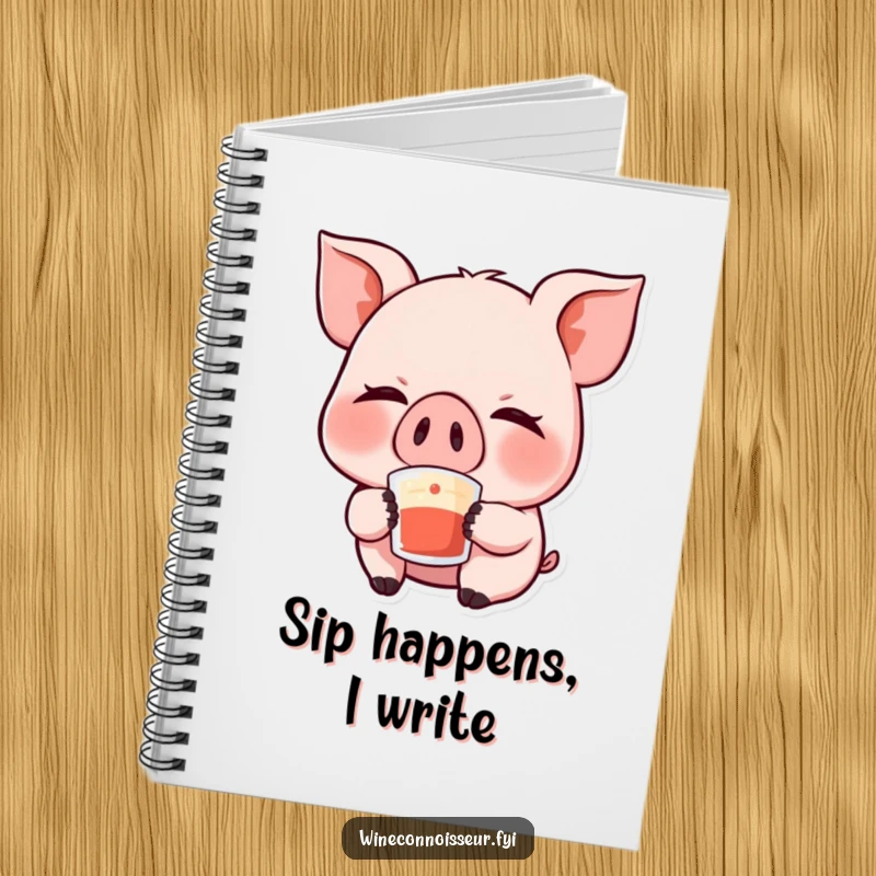 Funny Kawaii Pig Notebook: Features a giggling pig character with eyes closed, savoring a sip, inspiring joyful note-taking and creative ideas.