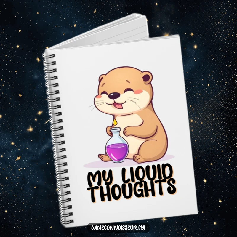 Funny notebook cover depicting a content otter pouring a small drop into a decanter, ideal for note-taking.
