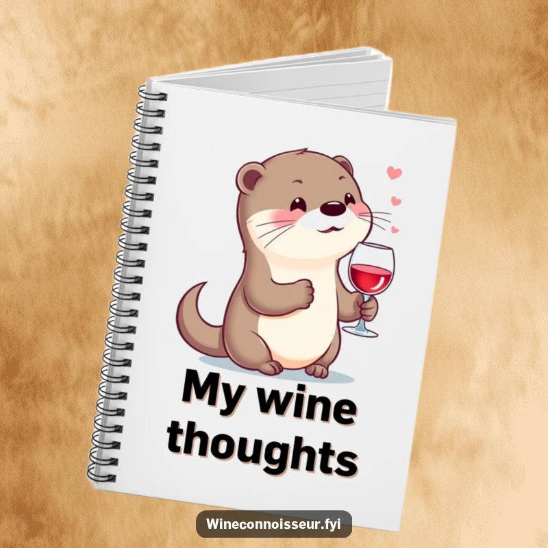 Funny kawaii otter notebook, character holding wine glass, sighing contentedly, cute journal for notes.