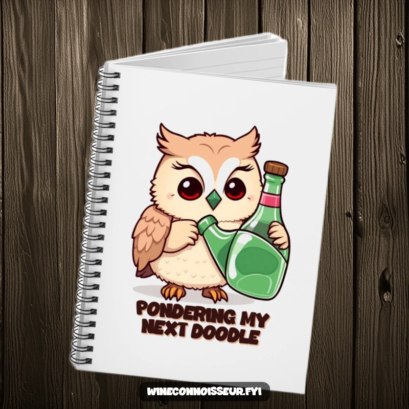 Funny notebook cover with a playful owl meticulously sniffing a bottle, ideal for capturing thoughtful observations and witty ideas.