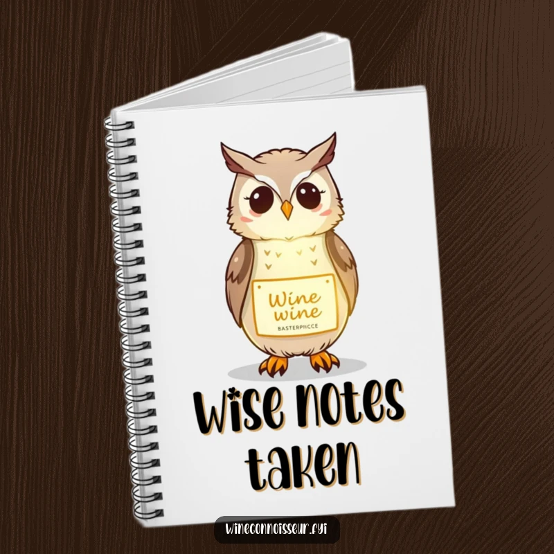 Funny notebook with a kawaii owl gently illuminating a wine label, perfect for jotting down wine notes with humor.