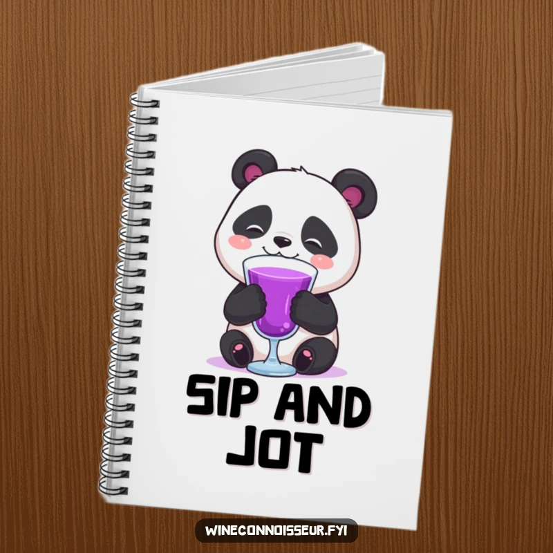 Funny happy panda swirling purple liquid notebook, ideal for jotting down ideas with a humorous and relaxed flair.