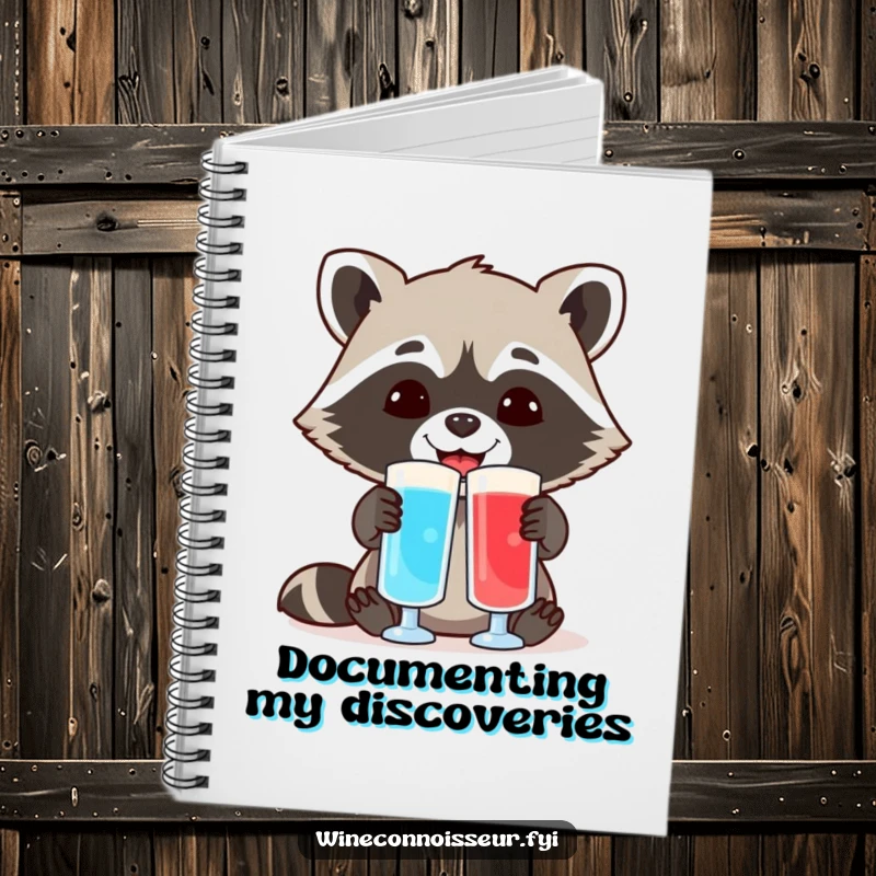 Funny notebook with a cheerful raccoon comparing two different colored liquid samples, perfect for jotting down ideas and scientific observations.