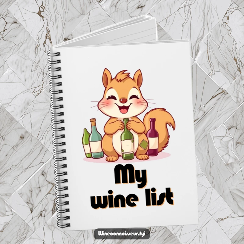 Funny Squirrel Notebook: A giggling squirrel displays its miniature wine bottle collection, ideal for jotting down notes.