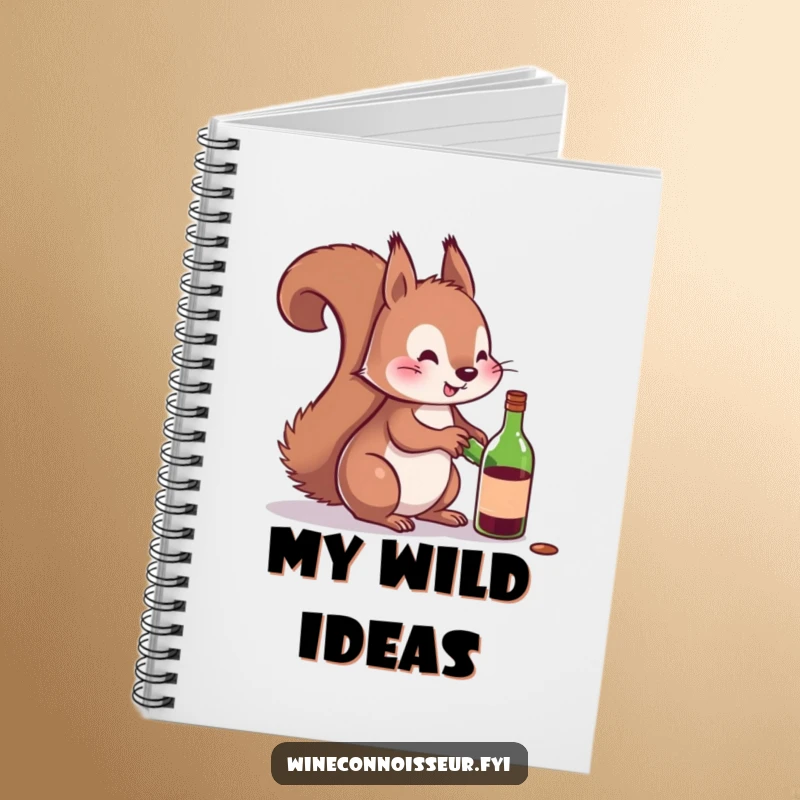 Funny notebook cover with a playful squirrel trying to uncork a miniature wine bottle, perfect for jotting down witty thoughts.