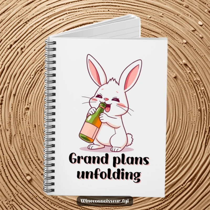 Funny rabbit character uncorking a miniature wine bottle on a notebook cover, ideal for party planning notes.
