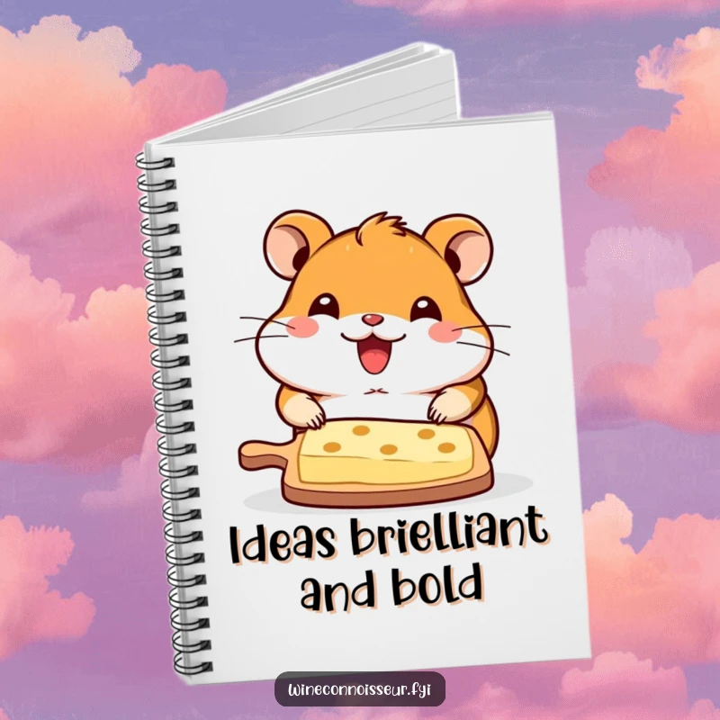 Funny notebook with a smiling kawaii hamster presenting a cheese board, ideal for jotting down notes with a humorous touch.