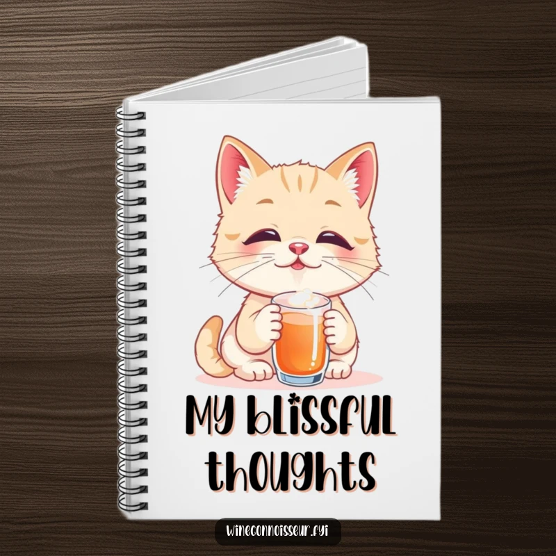 Funny notebook with a playful cat taster savoring a tiny sip with eyes closed in pure bliss, ideal for jotting notes and ideas with a humorous theme.