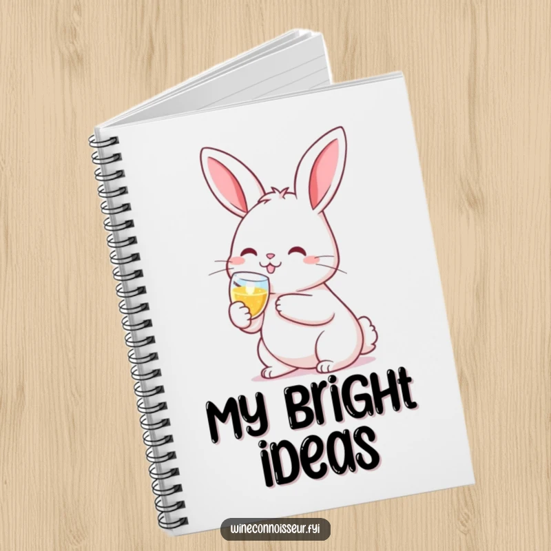 Funny notebook featuring a smiling kawaii rabbit clinking a tiny champagne flute, perfect for journaling and notes.