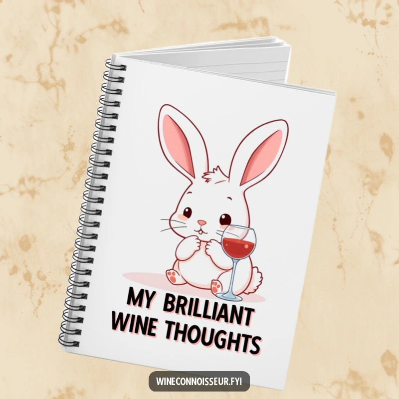 Funny kawaii rabbit notebook, a cute bunny thoughtfully considering wine pairings, perfect for jotting down ideas humorously.