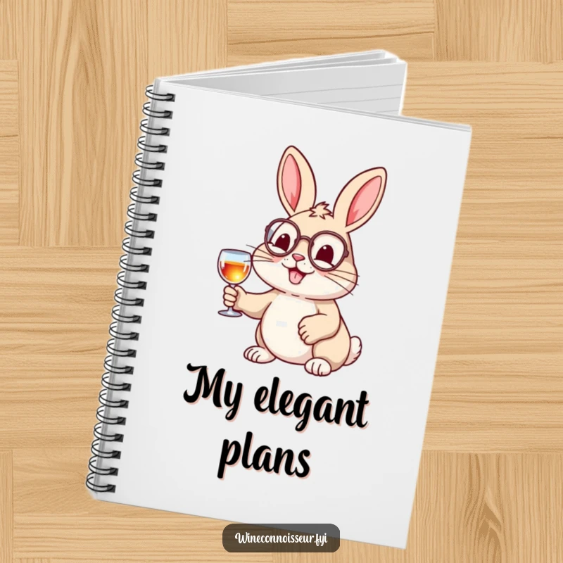 Funny notebook cover with a cheerful rabbit wearing a monocle and holding a tiny wine glass, ideal for elegant note-taking.