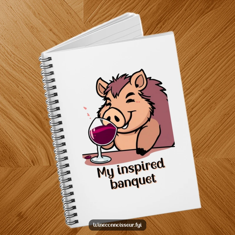 Funny boar notebook featuring a jovial character contentedly sipping from a substantial wine goblet, ideal for humorous note-taking.