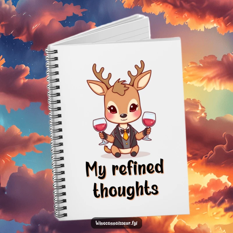 Funny deer notebook featuring a dignified character holding a wine glass with a reserved smile, ideal for elegant note-taking.
