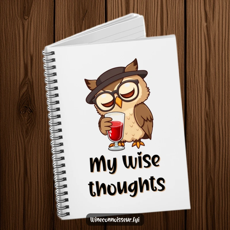 Funny wise brown owl with spectacles swirling red liquid on a funny notebook cover.