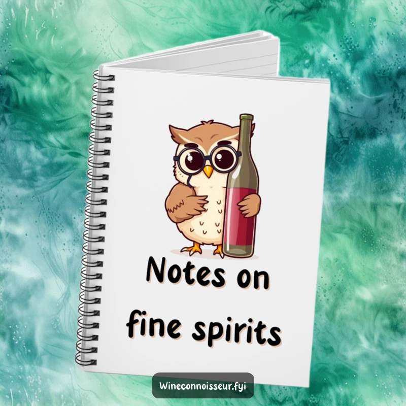 Funny owl with monocle and wine bottle on a notebook cover, encouraging humorous note-taking and wine journaling.
