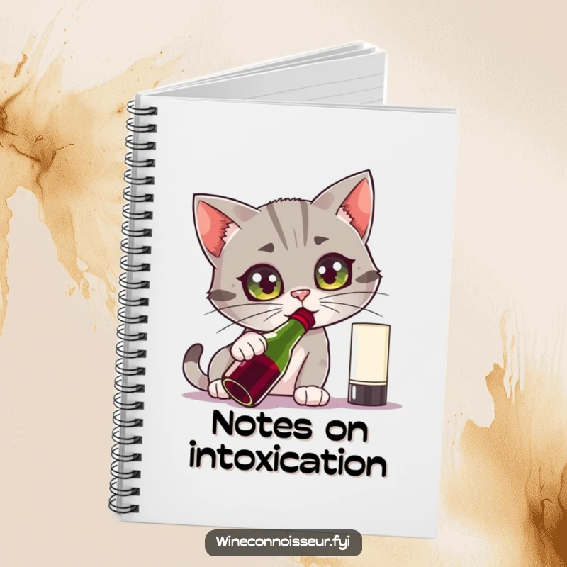 Funny notebook showcasing a curious cat character intensely sniffing a wine bottle with wide eyes, perfect for jotting down thoughts.