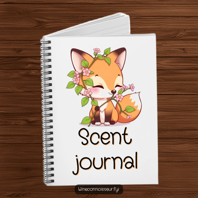 Funny notebook with a curious fox character sniffing a blooming vine with delight, designed for capturing thoughts and inspiration.