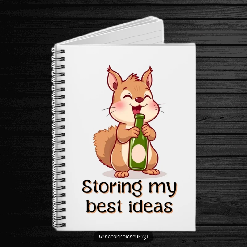 Funny notebook with an excited kawaii squirrel uncorking a miniature bottle, perfect for jotting down fun and humorous ideas.