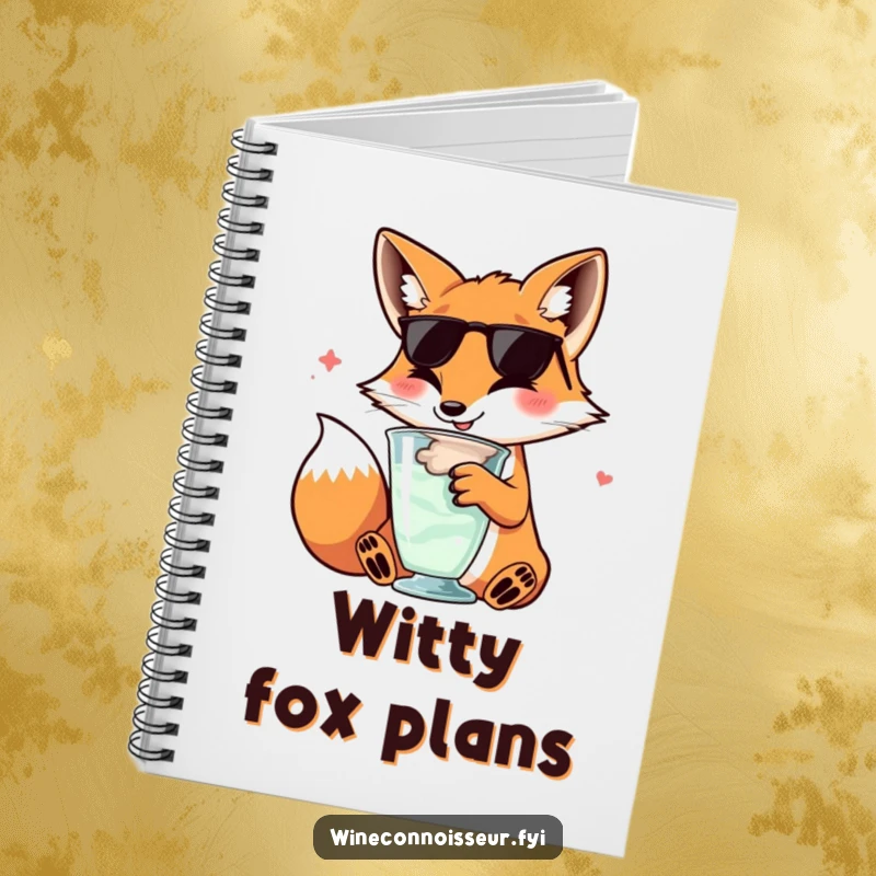 Funny kawaii fox notebook, character swirling wine glass, sophisticated happy expression, cute journal for notes.