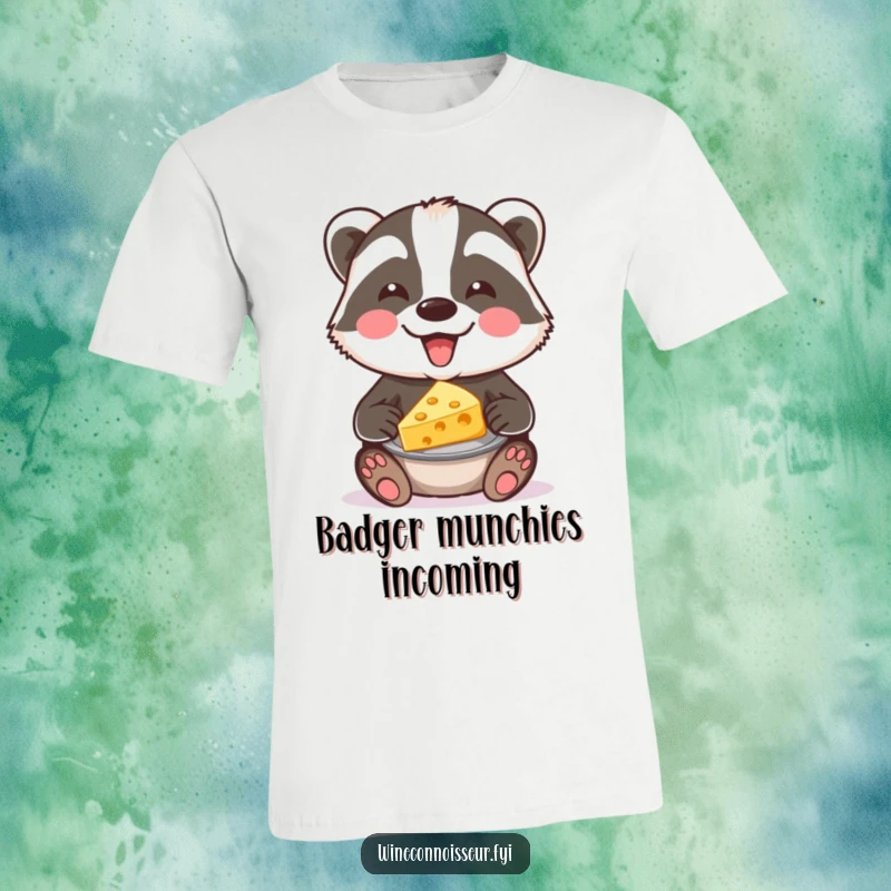 Funny badger cheese t-shirt showing a joyful badger presenting a delectable cheese pairing. Ideal for casual wear and food events.