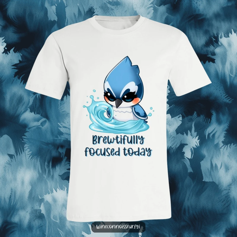 Funny t-shirt with a determined blue jay character focused on analyzing a swirling liquid, a quirky scientific design.