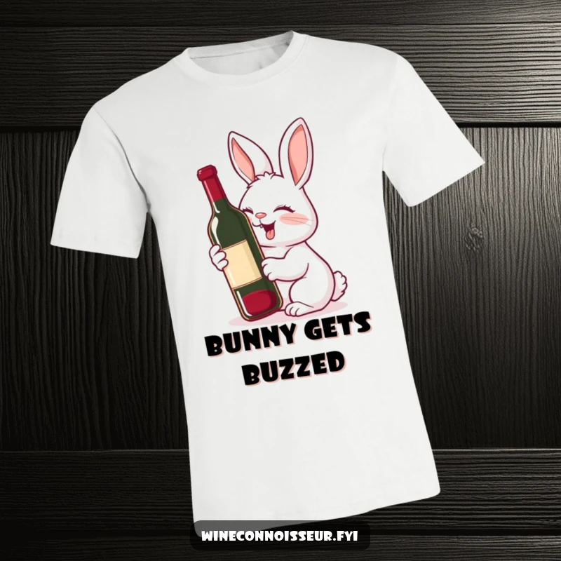 Funny t-shirt with a giggling rabbit exclaiming delight while sniffing a wine bottle with pure joy.