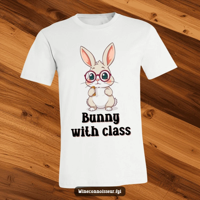 Funny playful rabbit with a monocle examining a cork t-shirt, emphasizing intellectual humor and charm.