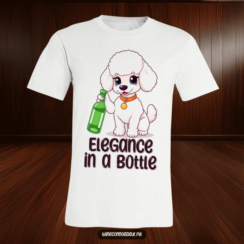 Funny white poodle t-shirt, looking refined, pointing to a bottle, stylish and humorous, ideal for poodle owners, a chic funny gift.