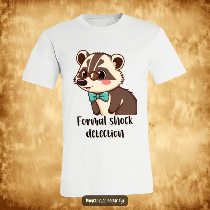 Funny t-shirt with a surprised badger character sporting a tiny monocle and a smart bow tie, creating a comical and classy image.