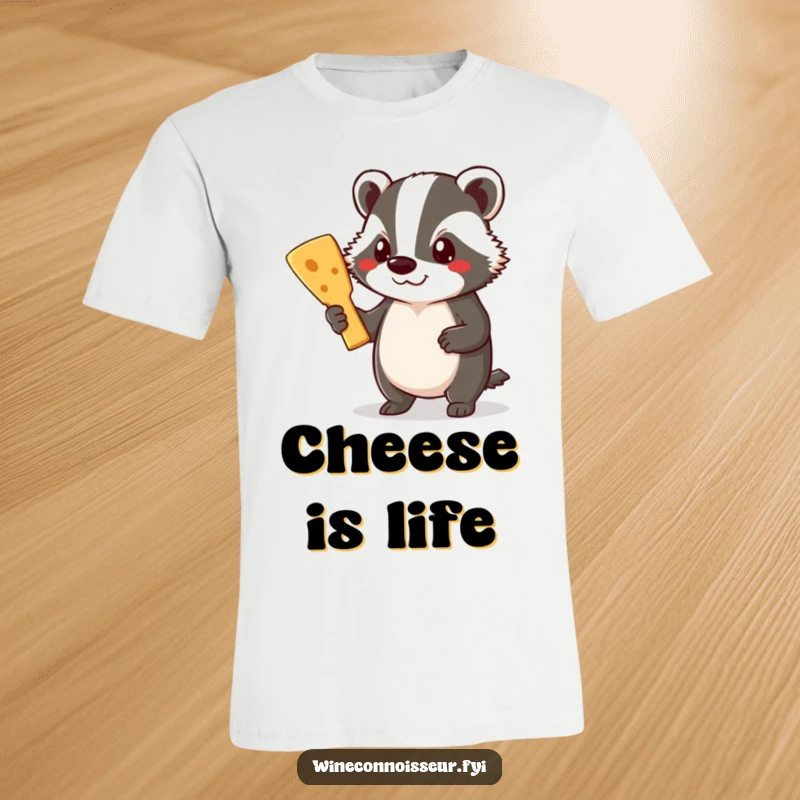 Funny Badger T-Shirt: A proud badger holds a delectable cheese board, exuding confidence and a love for gourmet snacks.