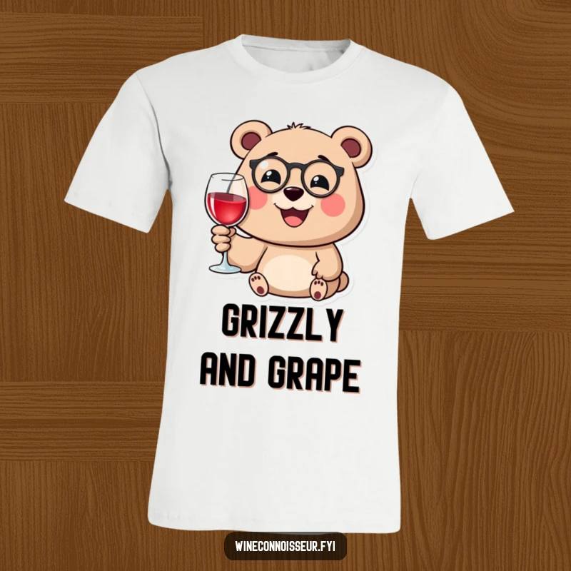 Funny t-shirt showing a happy bear with a monocle, holding a wine glass and smiling with sophisticated delight.