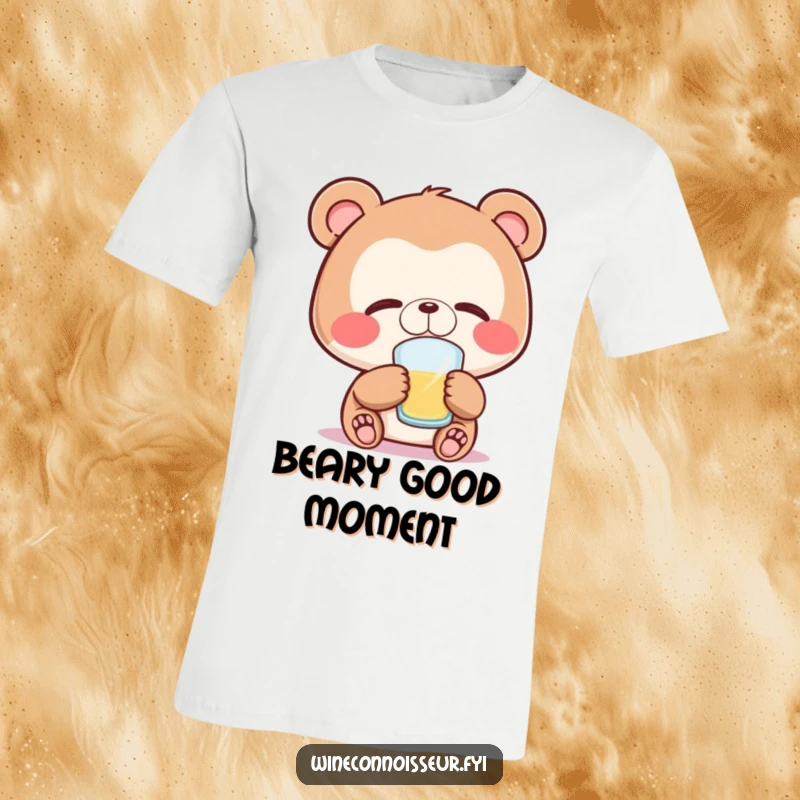 Funny bear t-shirt showing a joyful bear character with closed eyes, blissfully savoring a sip, representing peaceful enjoyment.