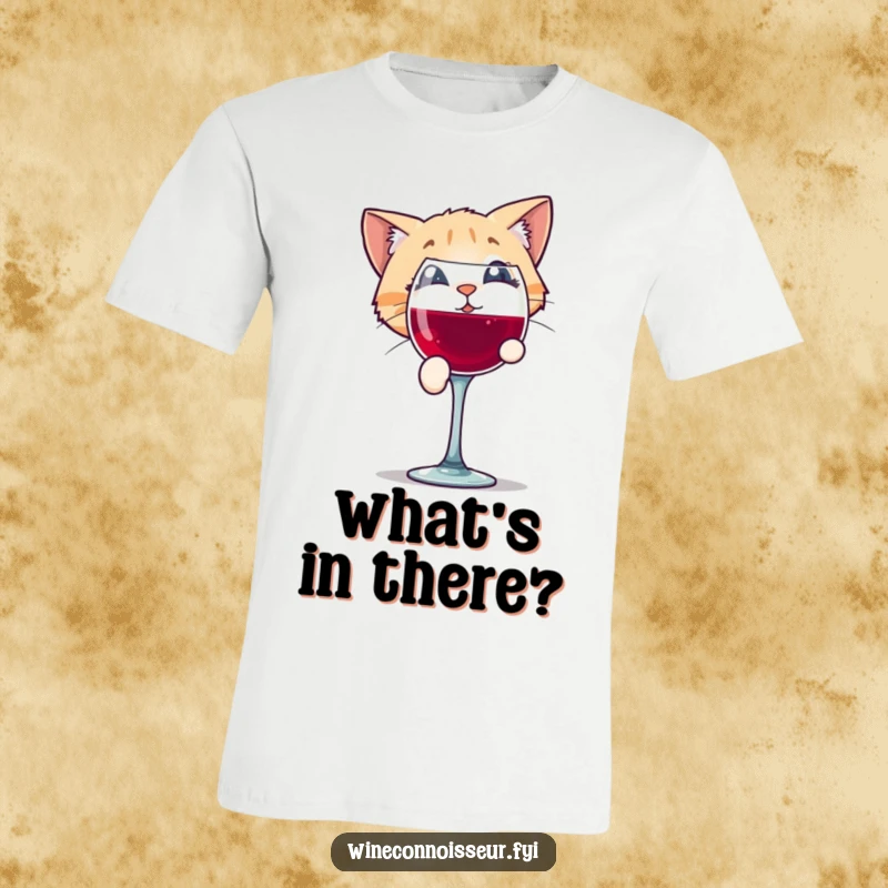 Funny t-shirt showcasing a playful cat character with an expression of intrigue as it peers into a wine glass.
