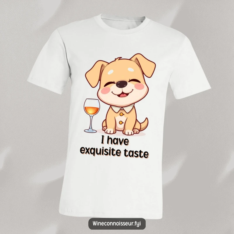 Funny t-shirt with a happy dog dressed as a sommelier, eyes closed, intently sniffing an imaginary wine aroma with humorous sophistication and canine charm.