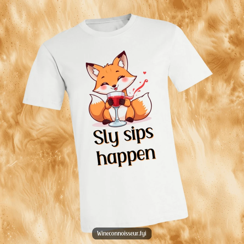 Funny t-shirt with a smiling fox carefully swirling a goblet of red liquid, showcasing smooth and precise movements.