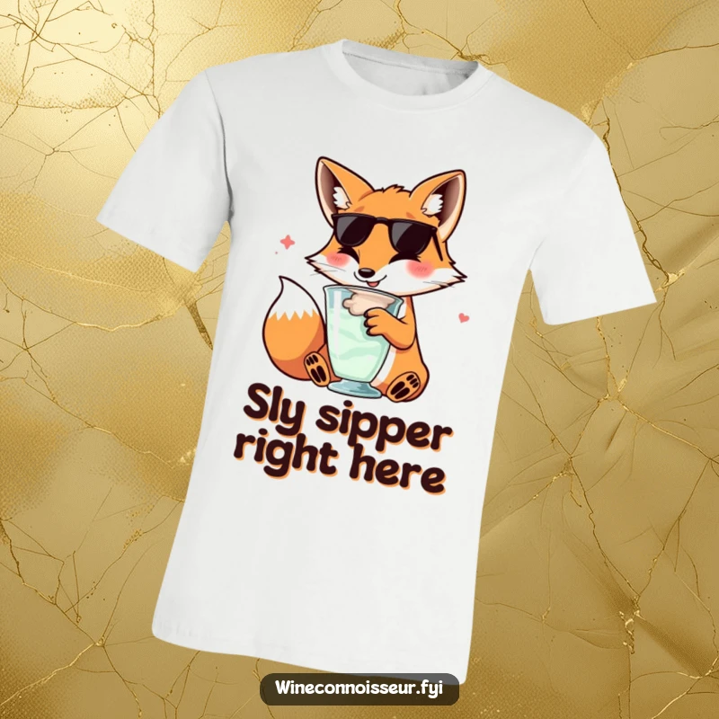 Funny kawaii fox t-shirt, character swirling wine glass, sophisticated happy expression, chic and amusing apparel.