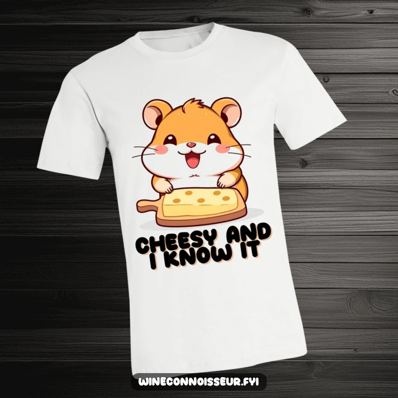 Funny t-shirt with a kawaii hamster joyfully presenting a full cheese board, ideal for screen readers and humor lovers.