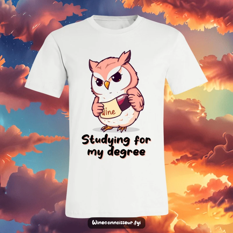 Funny Kawaii owl T-shirt displaying a determined character studying a wine label intently, exuding intelligence and humor, a great gift idea.