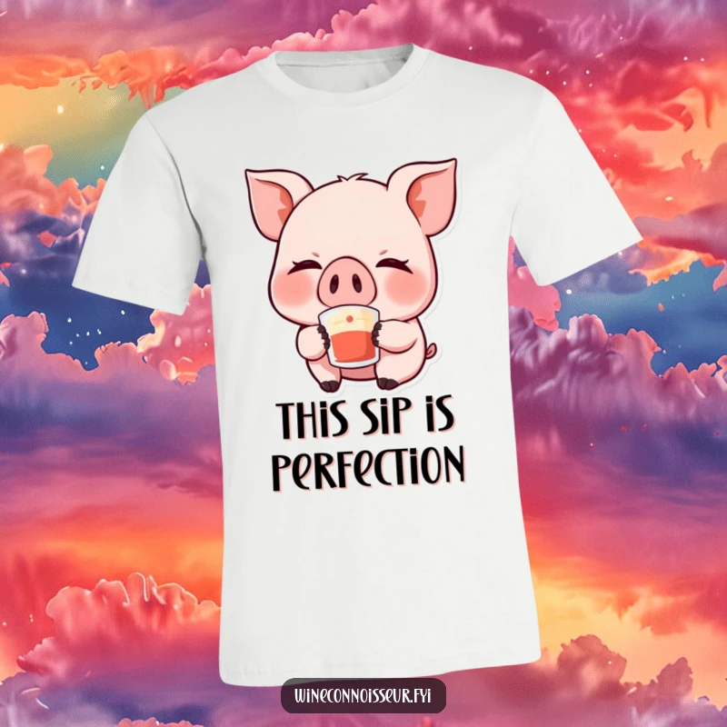 Funny Kawaii Pig T-Shirt: A chubby, giggling pig character closing its eyes in delight while taking a sip, embodying pure contentment.