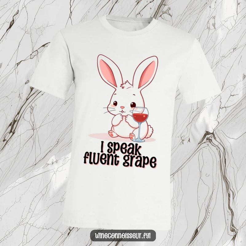 Funny kawaii rabbit t-shirt, a cute bunny intently studying a wine bottle and glass, expressing sophisticated thought.