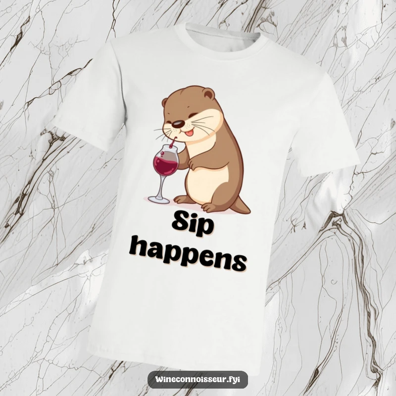 Funny Otter T-Shirt: A playful otter struggles to pour wine from a mini decanter, showcasing its comical effort and wine-loving spirit.